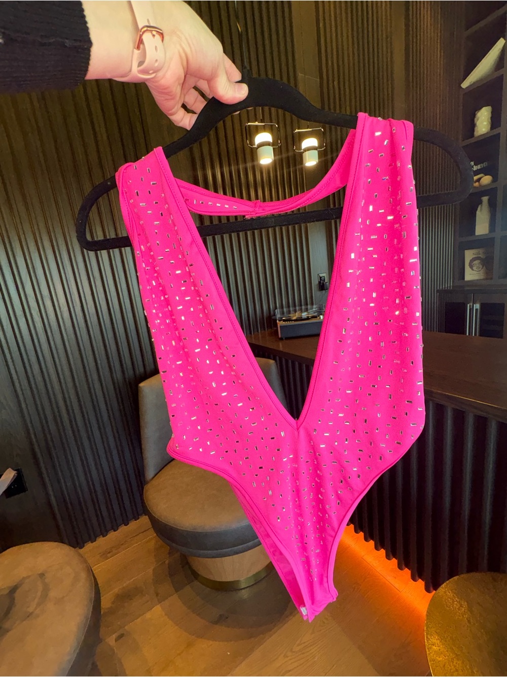 Studded Hot Pink Deep V Sleeveless Bodysuit - Picture 6 of 8